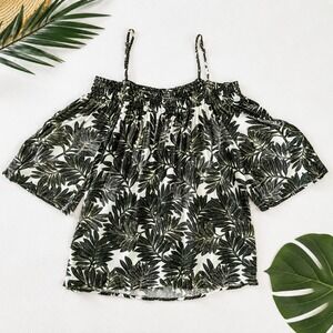 Suzy Shier Women's L Tropical Leaf Print Cold Shoulder Top Stretch Boho Blouse